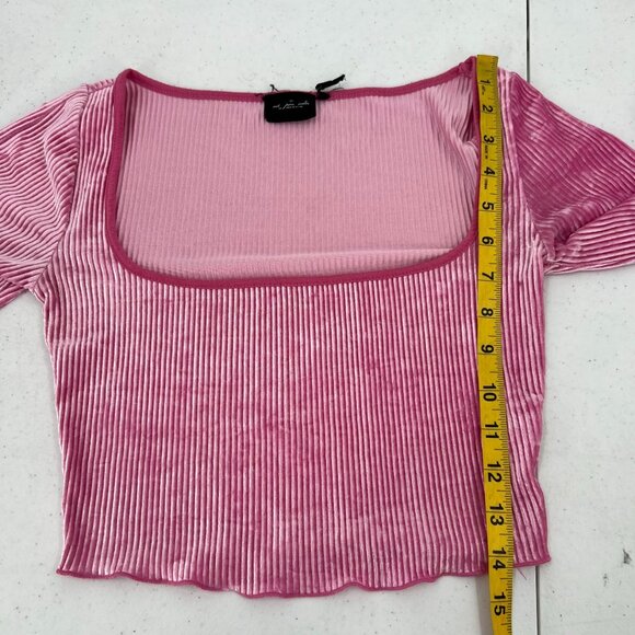 UO Out From Under XS Pink Velvet Bell Sleeve Crop Top Ribbed Square Neck Y2K - Picture 7 of 14